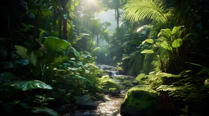 Gentle river gracefully winds through the heart of the vibrant jungle, illuminated by dappled sunlight, bringing a tranquil beauty to the verdant scene.