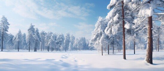 On a freezing sunny day a wintery forest of pine trees can be seen The trees and ground are covered in snow and there is a snowy path that guides toward the forest - obrazy, fototapety, plakaty