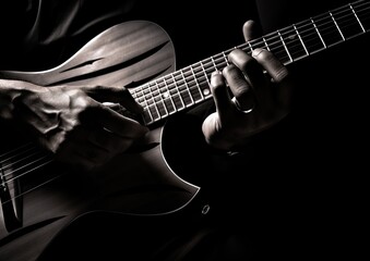 Fototapeta premium A minimalist image of a guitarist's hands strumming the strings, captured from a top-down