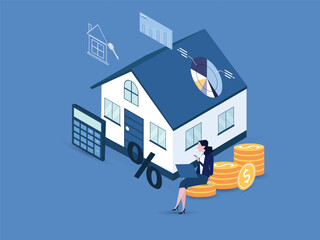 Mortgage concept, home loan or investment with real estate, real estate, investment contract, money, family buy house. Man calculates house mortgage rate, vector illustration