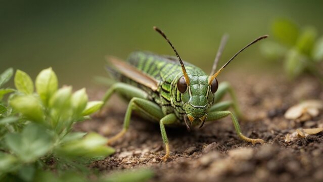 Close-up high-resolution image of a green grasshopper. Generative AI.