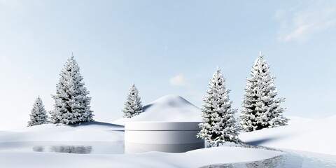 Marry Christmas and New Year greeting card, poster, banner with   trees and snow - 3D, render. Exhibition Podium, stand, on light landscape background for premium product.