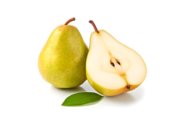 Fresh pears fruit one and half  with green leaf isolated on white background, fruit health care concept