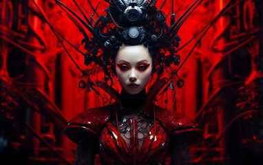 Portrait of a woman dressed in black and red in the style of surreal robotics rococo-inspired art