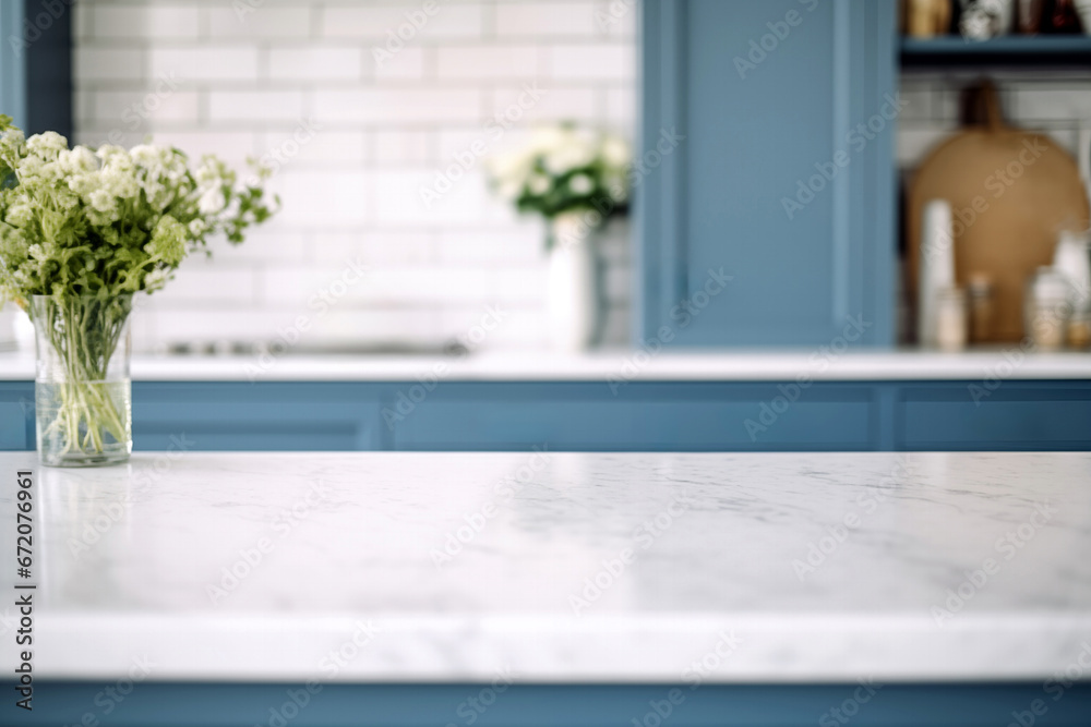 Canvas Prints Empty white marble counter top with vase of flowers in modern kitchen blur background. High quality photo