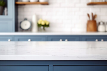 Empty white marble counter top in modern kitchen blue color with blurred background. High quality photo - Powered by Adobe