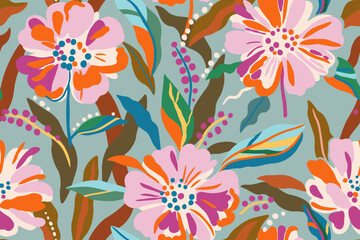 Colorful pattern with the image of tropical plants, flowers, flower twigs, leaves on a green background. Foliage of exotic plants in summer for banners, prints, decor.