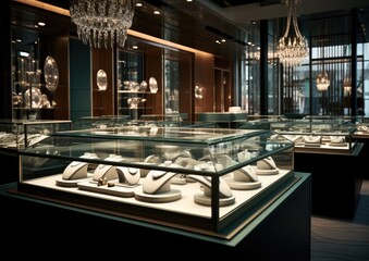 A photorealistic image of a jeweler's showroom, showcasing a display of exquisite diamond rings. - obrazy, fototapety, plakaty