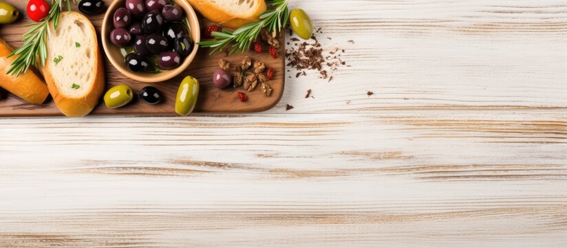 From a top down perspective observe a selection of Mediterranean olives seasoned with herbs accompanied by slices of ciabatta resting on a weathered wooden board placed against a white wood - Powered by Adobe