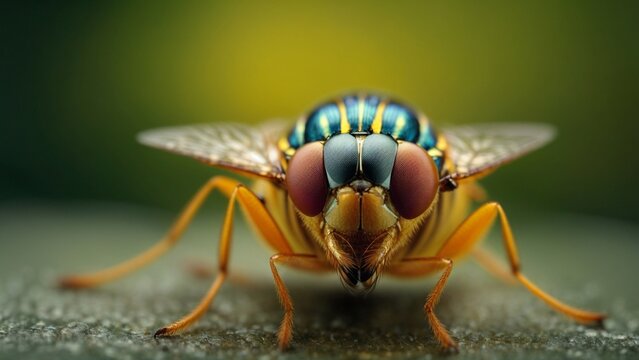Close-up high-resolution image of a fruit fly in the garden. Generative AI.