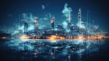 Refinery plant at night with reflection in water. Energy and industry concept