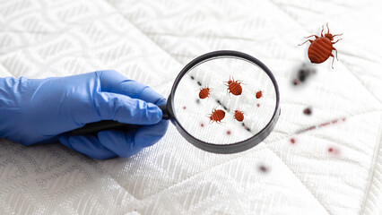 The spread of bedbugs on the bed. Black and bloody spots of bedbugs on the bed. Through a...