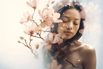 Zelfklevend Fotobehang beautiful woman with healthy skin and magnolia flowers © Lusi_mila