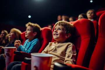 Children in cinema, engrossed by movie, light on faces. - obrazy, fototapety, plakaty