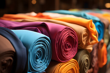  Rolls of colorful fabrics stacked in a textile shop. - obrazy, fototapety, plakaty