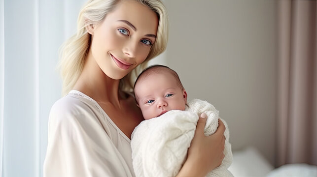 Pretty blonde american woman holding newborn baby in her arms