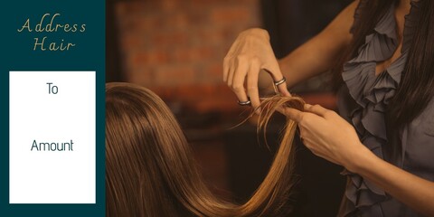 Composite of address hair, to and amount text, hands of asian hairdresser cutting client's hair