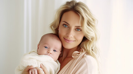Pretty blonde american woman holding newborn baby in her arms - obrazy, fototapety, plakaty