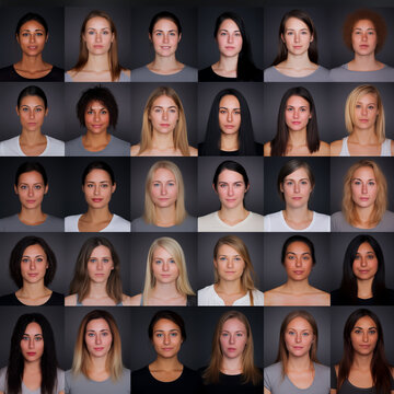 Portraits, passport or identity card photos of multiple people of different genders, ages and races. 