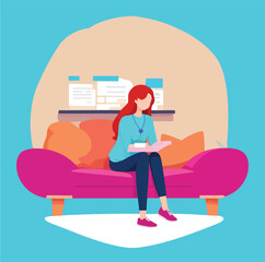 Woman reading book sitting down on sofa
