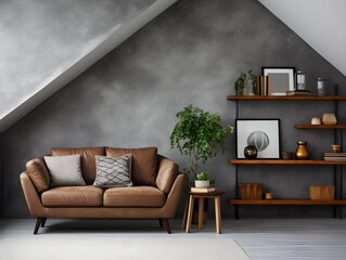 Sofa and lounge chair against grey wall with rustic shelves. Scandinavian home interior design of modern living room in attic. Generative AI