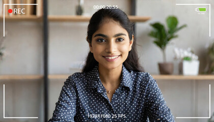 Young indian woman online teacher, counselor, remote tutor or job applicant speaking looking at web cam giving online training, virtual class lesson, video call interview. Webcam view