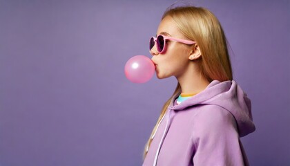 een igen girl wear stylish trendy sunglasses and hoodie blowing bubble gum profile side view, pretty young woman fashion cool model with bubblegum 80s at party purple studio background