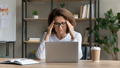 Tired worried stressed 40 years old mature mid aged business woman wearing eyeglasses having headache at workplace feeling pain or burnout working on laptop computer in office.