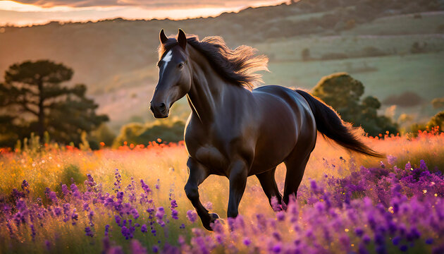 Caballo casta&ntilde;o trotando en campo de flores