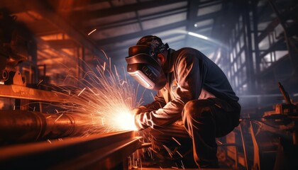Fototapeta premium Photo of Welding Sparks Fly as Skilled Worker Joins Metal Pieces with Precision
