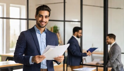 Happy young Latin business man checking financial documents in office. Smiling male professional account manager executive lawyer holding corporate tax bill papers standing at work - obrazy, fototapety, plakaty
