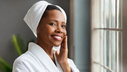 Fotobehang    FILE  :  436721823  Preview Crop  Find Similar DIMENSIONS 6000 x 4000px FILE TYPE JPEG CATEGORY People LICENSE TYPE Standard or Extended Happy smiling gorgeous middle aged woman wearing bathrobe an © Marko