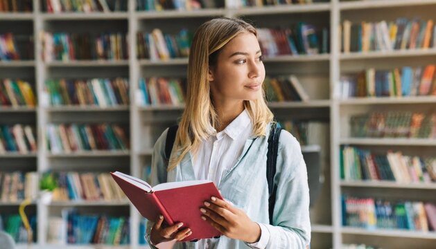 Smart pretty focused blonde girl student holding book looking away standing in modern university campus library or bookstore thinking of college course study reading literature for doing research