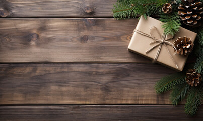 Fototapeta na wymiar Christmas background, dark wooden table, fir tree and pine cones, gift box