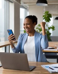 Euphoric young female worker holding mobile phone celebrating win receiving good news about job promotion, getting hired, feeling happy, rejoicing success with yes reaction working in office - obrazy, fototapety, plakaty
