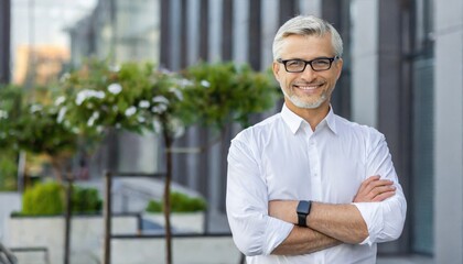 Confident happy mature older business man leader, smiling middle aged senior old professional businessman wearing white shirt glasses crossed arms looking at camera standing outside