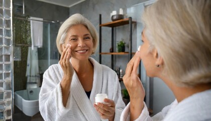 Attractive mid age older adult 50 years old blonde woman wears bathrobe in bathroom applying nourishing antiage face skin care cream treatment, looking at mirror doing daily morning beauty routine - obrazy, fototapety, plakaty