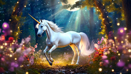 Unicornio en bosque fantástico iluminado por la luz de la luna