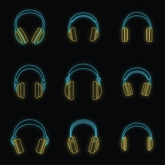 Headphones music listen speakers headset icons set. Outline illustration of 9 headphones music listen speakers headset vector icons neon color on black