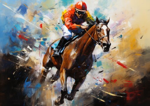 An impressionistic painting-style image of a jockey riding a horse, with bold brushstrokes and