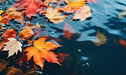red and orange autumn leaves in water