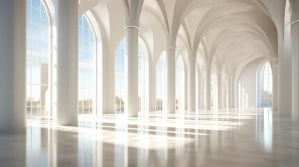 Fototapeta na wymiar Sunlight gently filters through the columns, casting a warm glow in the long, white corridor, creating a serene and inviting ambiance.