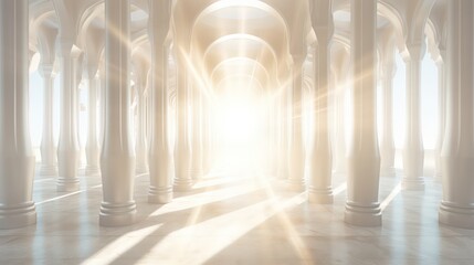 Sunlight gently filters through the columns, casting a warm glow in the long, white corridor, creating a serene and inviting ambiance. - obrazy, fototapety, plakaty