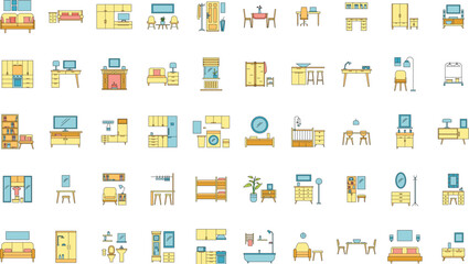 Interior room. Objects in house. Home inside furniture icons set. Outline illustration of 50 Interior room objects house inside furniture vector icons thin line color flat on white
