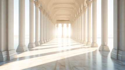 Sunlight gently filters through the columns, casting a warm glow in the long, white corridor, creating a serene and inviting ambiance. - obrazy, fototapety, plakaty