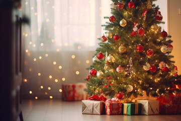 Fototapeta na wymiar Christmas tree indoor view , christmas tree in home Generative AI