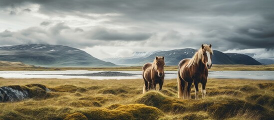 Icelandic equines situated in a meadow close to Akranes - obrazy, fototapety, plakaty