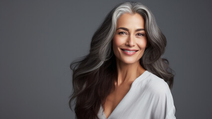 Sensual middle-aged beautiful Asian woman with long grey hair, her eyes closed, body and face care concept. Charming mature lady stands in profile isolated on grey studio background © PaulShlykov