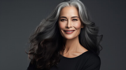 Naklejka premium Sensual middle-aged beautiful Asian woman with long grey hair, her eyes closed, body and face care concept. Charming mature lady stands in profile isolated on grey studio background