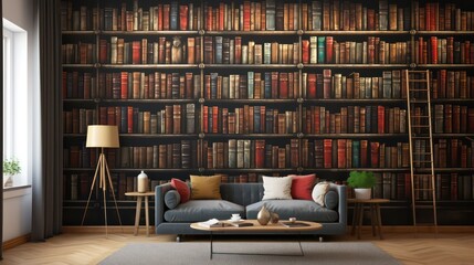 A library wall adorned with rows of old ancient books, containing a wealth of historical texts and manuscripts. - obrazy, fototapety, plakaty